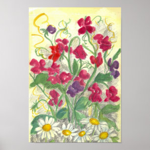 Red Sweet Pea Daisy Waterverf Garden Drawing Poster