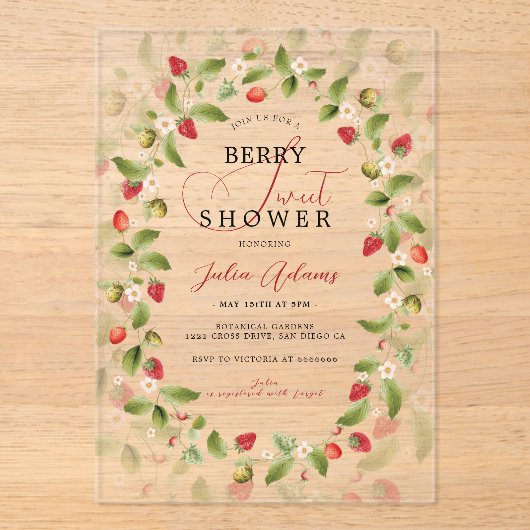 Red Sweet Wild Strawberry Flowers Baby shower Acryl Uitnodigingen (Voorkant)