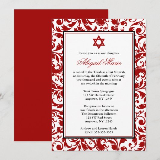Red Swirl Damask Bat Mitzvah Invitaties Kaart (Voorkant / Achterkant)