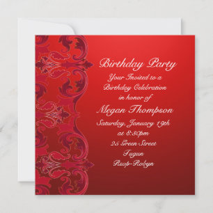 Red Swirl Damask Birthday Uitnodiging