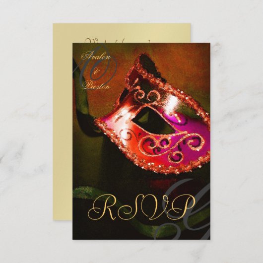 Red Swirl Masquerade Mask RSVP Uitnodiging (Voorkant / Achterkant)