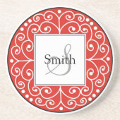 Red Swirls Monogram Persoonlijk Weddenschap Zandsteen Onderzetter (Voorkant)