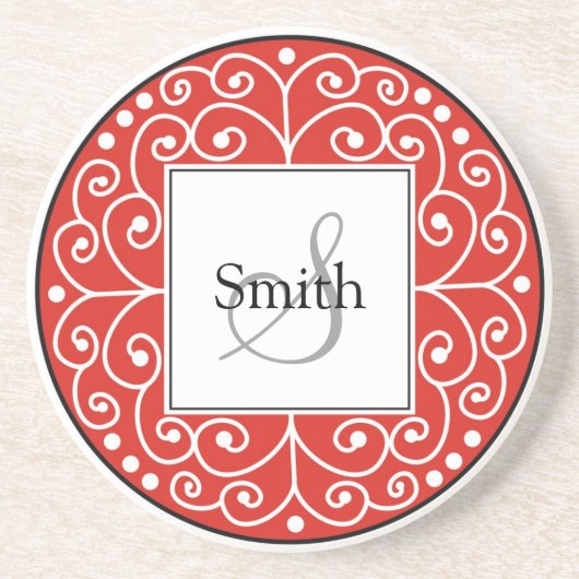 Red Swirls Monogram Persoonlijk Weddenschap Zandsteen Onderzetter (Voorkant)