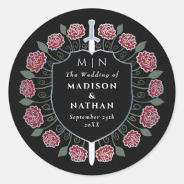 Red Sword Shield Medieval Fantasy Monogram Wedding Ronde Sticker