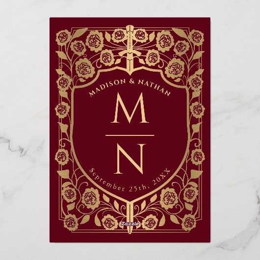 Red Sword Shield Medieval Monogram Bewaar de datum Folie Uitnodiging (Achterkant)