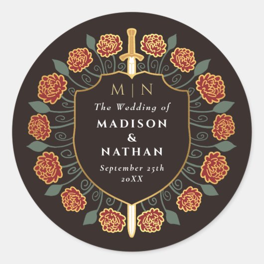 Red Sword Shield middeleeuwse fantasie Monogram br Ronde Sticker (Voorkant)