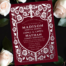 Red Sword Shield middeleeuwse monogram bruiloft Folie Uitnodiging