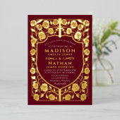 Red Sword Shield middeleeuwse monogram bruiloft Folie Uitnodiging (Staand Voorkant)