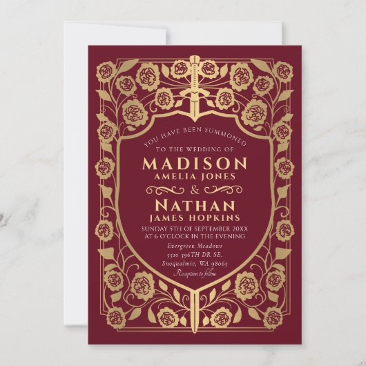 Red Sword Shield middeleeuwse monogram bruiloft Kaart (Voorkant)