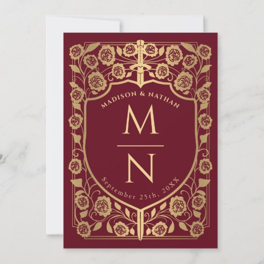 Red Sword Shield middeleeuwse monogram bruiloft Kaart (Achterkant)