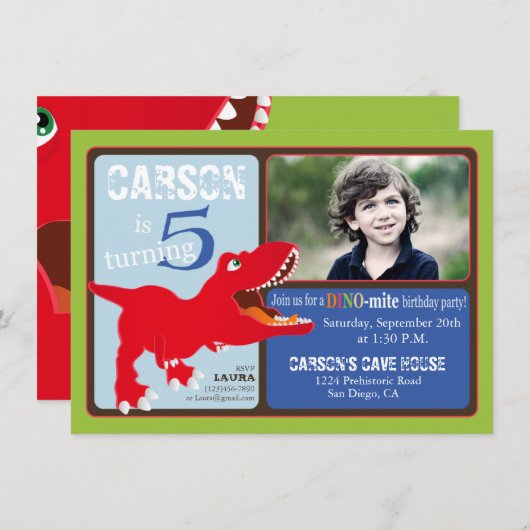 Red T-Rex Dinosaur 5th Birthday Invitation Card Kaart (Voorkant / Achterkant)
