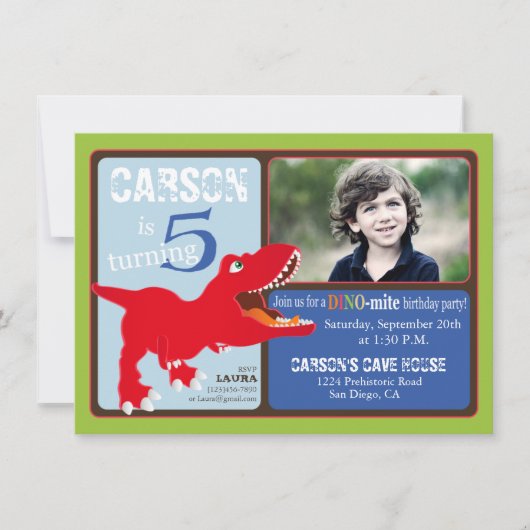 Red T-Rex Dinosaur 5th Birthday Invitation Card Kaart (Voorkant)