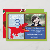 Red T-Rex Dinosaur Derde Birthday Invitation Card Kaart (Voorkant / Achterkant)