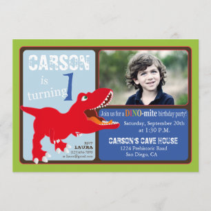 Red T-Rex Dinosaur First Birthday Invitation Card Kaart