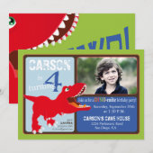 Red T-Rex Dinosaur Fourth Birthday Invitation Card Kaart (Voorkant / Achterkant)