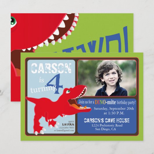 Red T-Rex Dinosaur Fourth Birthday Invitation Card Kaart (Voorkant / Achterkant)