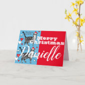 Red Tabby Cat Merry Kerstmis Naam Card Kaart (Gele Bloem)