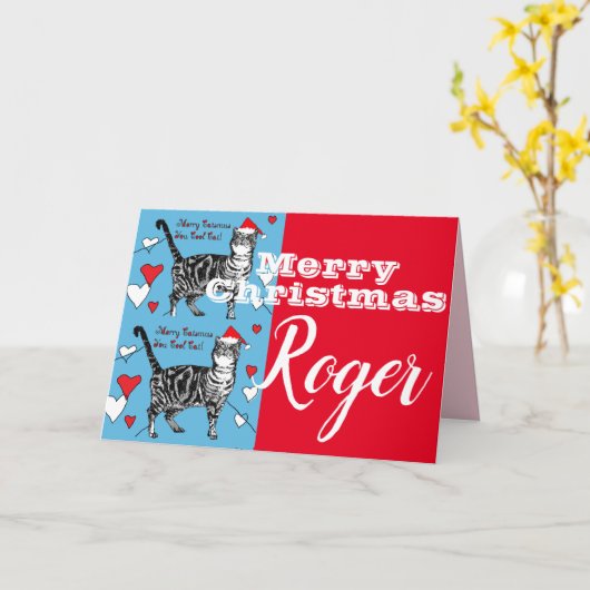 Red Tabby Cat Merry Kerstmis - Naam Kaart (Gele Bloem)