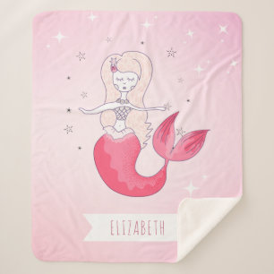 Red Tail Girl Mermaid Stars Sparkle roze Name Cute Sherpa Deken