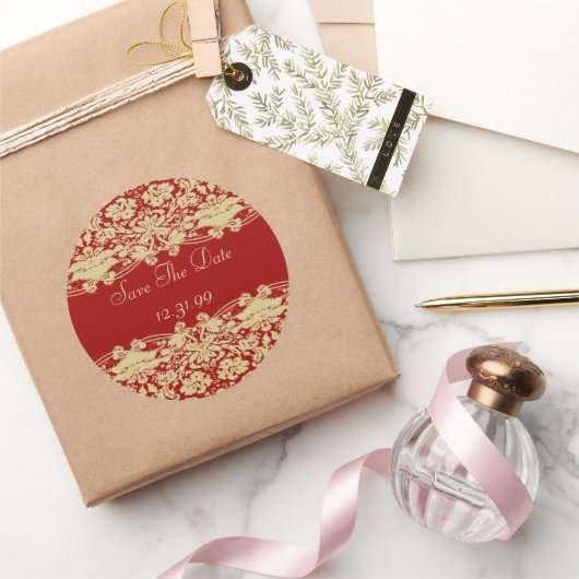Red & Tan Ecru sparen de Datum Ronde Sticker (Geschenken)