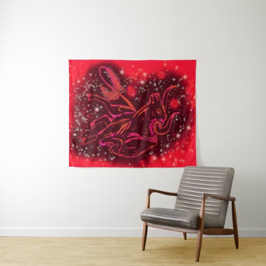 Red Tapestry met Bull Running In Sterrennacht Wandkleed (In Situ (horizontaal))