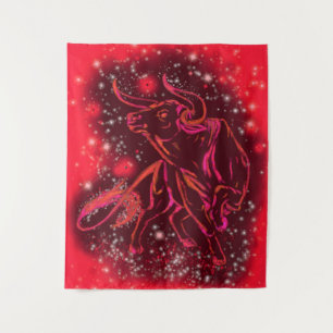 Red Tapestry met Bull Running In Sterrennacht Wandkleed