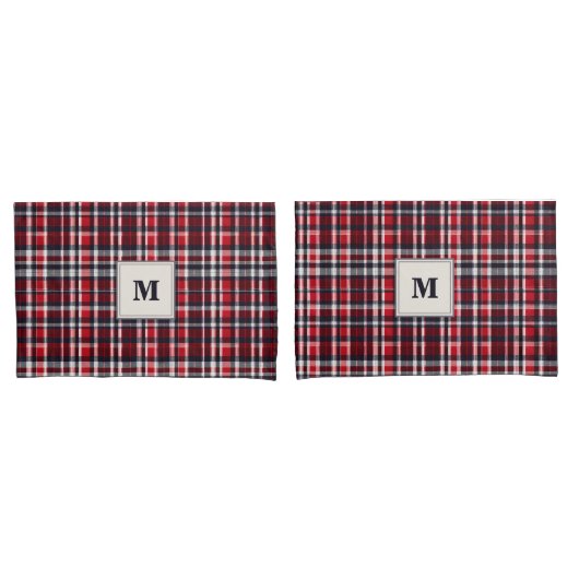 Red Tartan Check Patroon Elegant Monogram Kussensloop (Voorkant-Set)