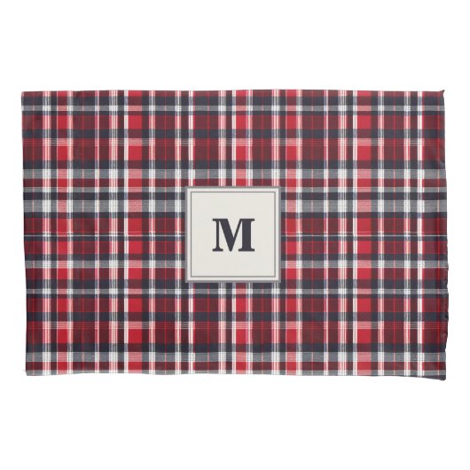 Red Tartan Check Patroon Elegant Monogram Kussensloop (Voorkant-Links)