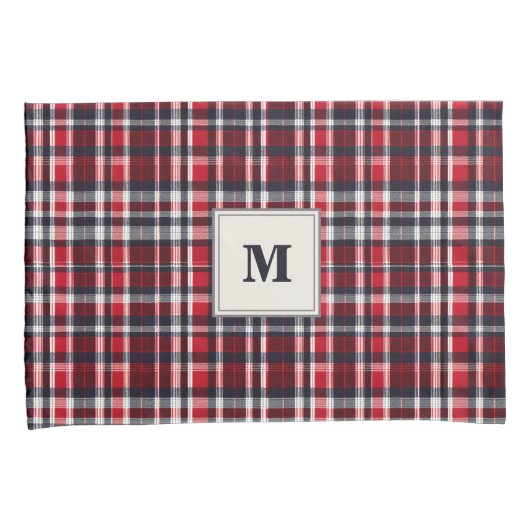 Red Tartan Check Patroon Elegant Monogram Kussensloop (Voorkant-Rechts)