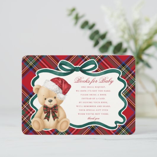 Red Tartan Christmas Bear Books for Baby Card Informatiekaartje (Staand voorkant)