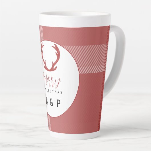 Red Tartan Deer Antlers Monogram Latte Mok (Rechterhoek)