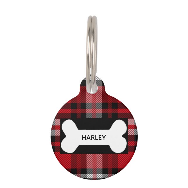 Red Tartan Dog Label Huisdierpenning (Voorkant)