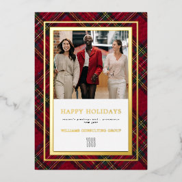 Red Tartan Elegant Business Folie Holiday Card Feestdagenkaart