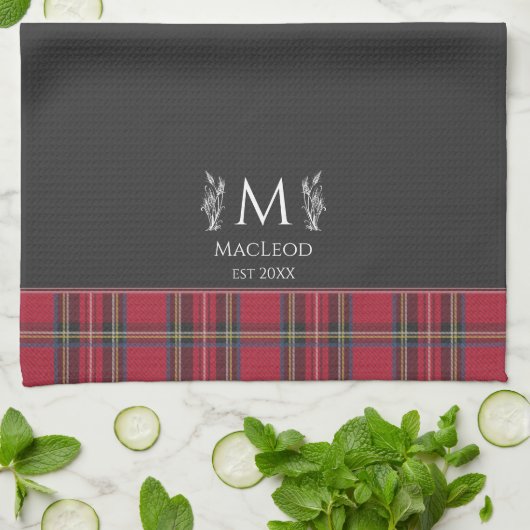 Red Tartan Gepersonaliseerde Monogram Brits Zwart Theedoek (Gevouwen)