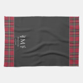 Red Tartan Gepersonaliseerde Monogram Brits Zwart Theedoek (Horizontaal)
