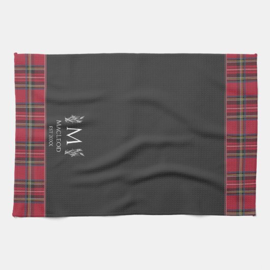 Red Tartan Gepersonaliseerde Monogram Brits Zwart Theedoek (Horizontaal)