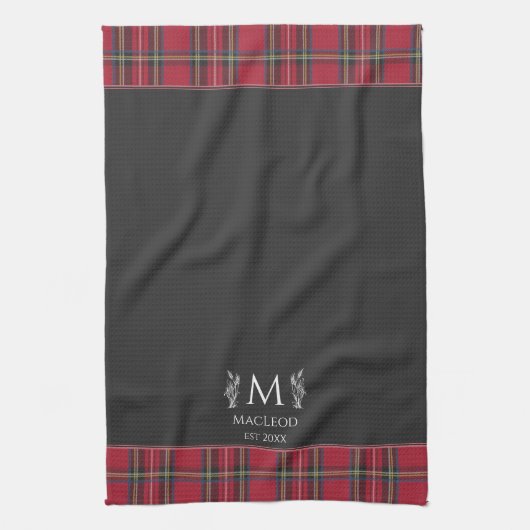 Red Tartan Gepersonaliseerde Monogram Brits Zwart Theedoek (Verticaal)