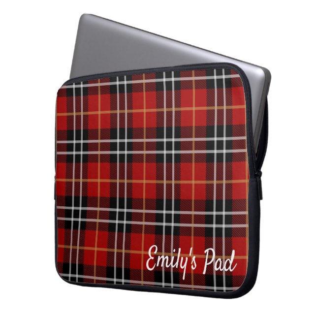 Red Tartan geplakt met naam Laptop Sleeve (Voorkant Links)