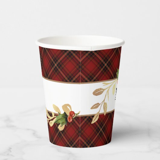 Red Tartan, Gold Leaves en Holly Papieren Bekers (Rechts)