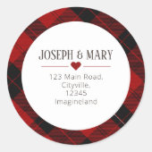 Red Tartan kerst retour adres Ronde Sticker (Voorkant)