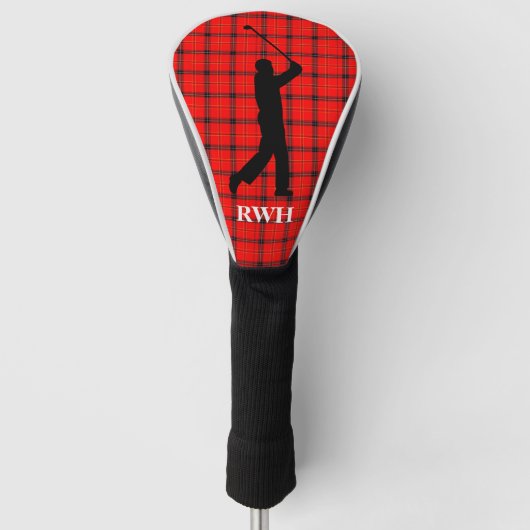 Red Tartan met Golfer Monogrammed Golf Head Hoesje Golfheadcover (Voorkant)