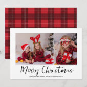 Red Tartan Minimal Christmas Photo Feestdagenkaart (Voorkant / Achterkant)