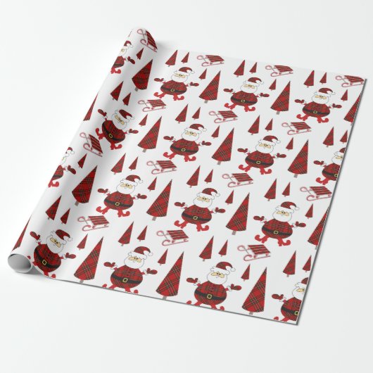 Red Tartan Mode Santa Pattern Cadeaupapier (Uitgerold)
