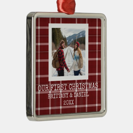 Red Tartan Our First Christmas Metalen Ornament (Rechts)