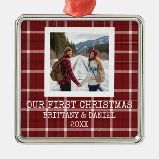 Red Tartan Our First Christmas Metalen Ornament (Voorkant)