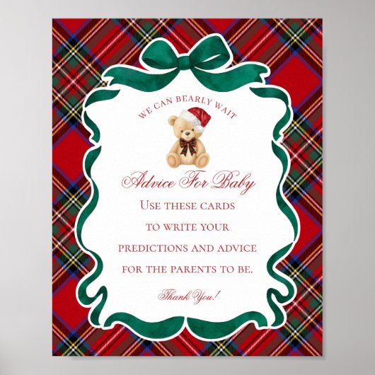 Red Tartan Plaid Christmas Bear Advice for Baby Poster (Voorkant)