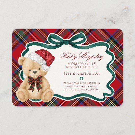 Red Tartan Plaid Christmas Bear Baby Registry Informatiekaartje (Voorkant)