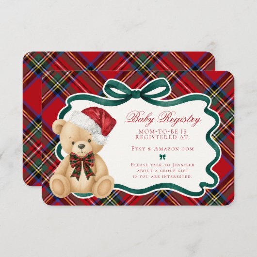 Red Tartan Plaid Christmas Bear Baby Registry Informatiekaartje (Voorkant / Achterkant)