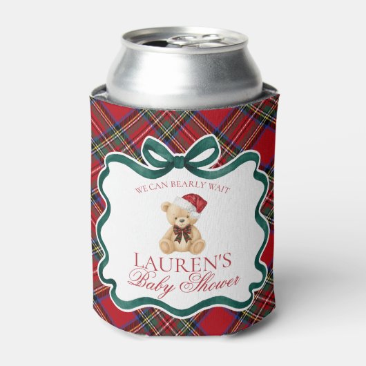 Red Tartan Plaid Christmas Bear Baby Shower Favor Blikjeskoeler (Blikje Voorkant)