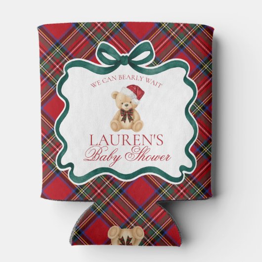 Red Tartan Plaid Christmas Bear Baby Shower Favor Blikjeskoeler (Achterkant)